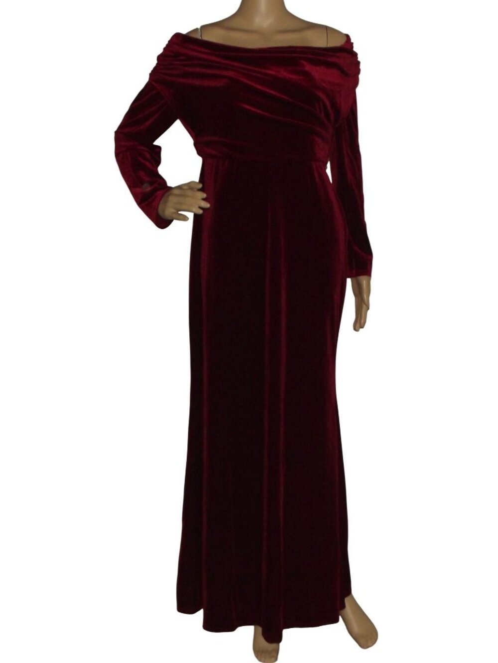 Class & Fashion Velvet Maxi Dress Womens 12 Burgundy off shoulder stretch